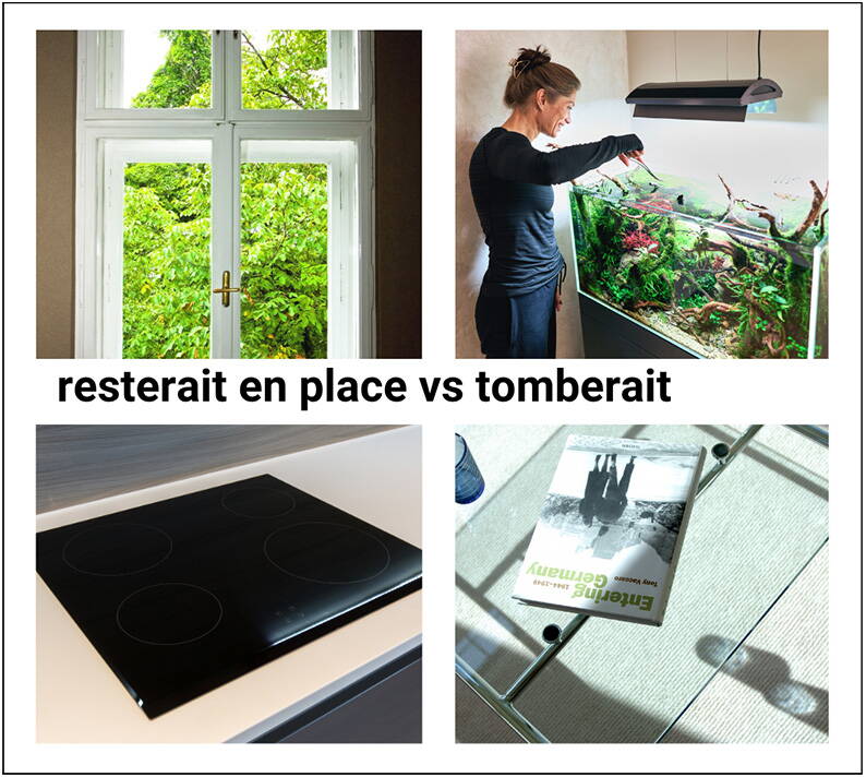 Exemples de surfaces vitrées à la maison Collage de quatre objets en verre: une fenêtre donnant sur la verdure, un grand aquarium, une plaque vitrocéramique et une table en verre avec un magazine. Le texte «reste en place vs tomberait» illustre la différence entre surfaces fixes et mobiles.