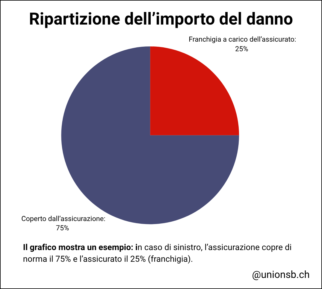 Grafico a torta con due segmenti: il 75 % dell’importo del danno è coperto dall’assicurazione (blu scuro), il 25 % è a carico dell’assicurato come franchigia (rosso).