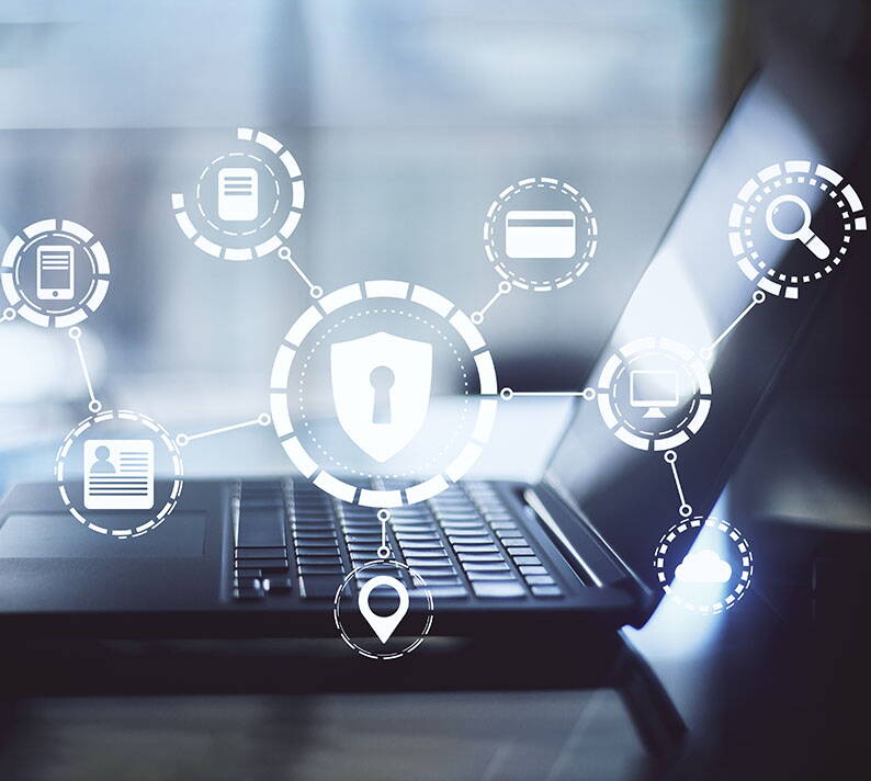 Laptop displaying digital security icons such as a padlock, network connections and data symbols – cyber insurance for businesses (USB) protects against cyber attacks, data breaches and IT security risks.