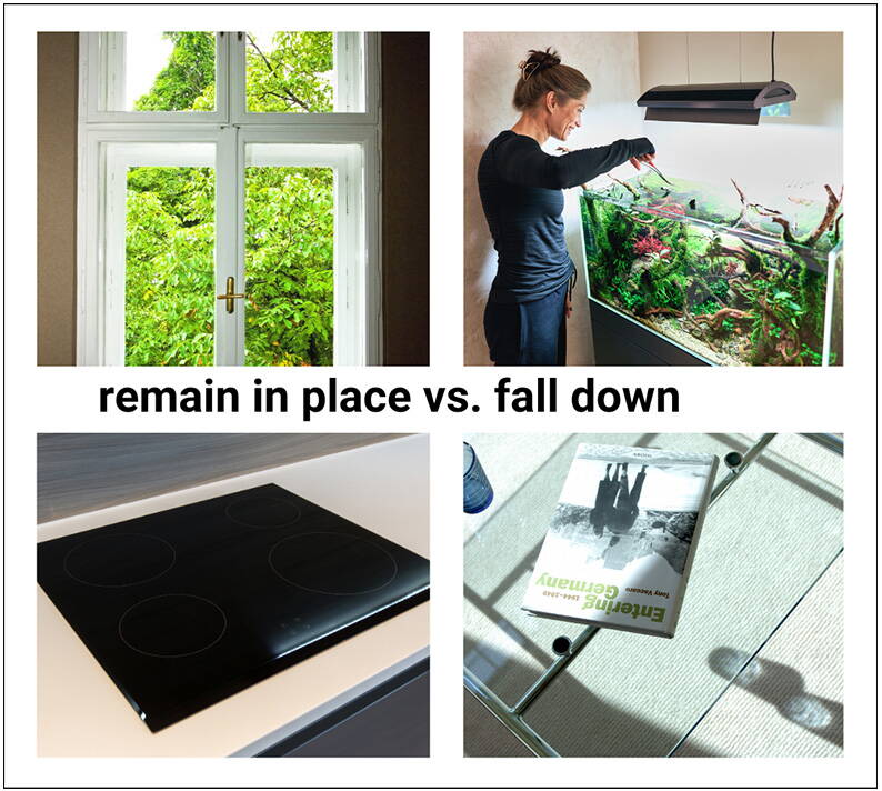 Examples of glass surfaces at home Collage with four glass items: a window overlooking greenery, a large aquarium, a glass-ceramic hob and a glass table with a magazine. The text “fixed vs would fall” highlights the difference between built-in and movable glass surfaces.