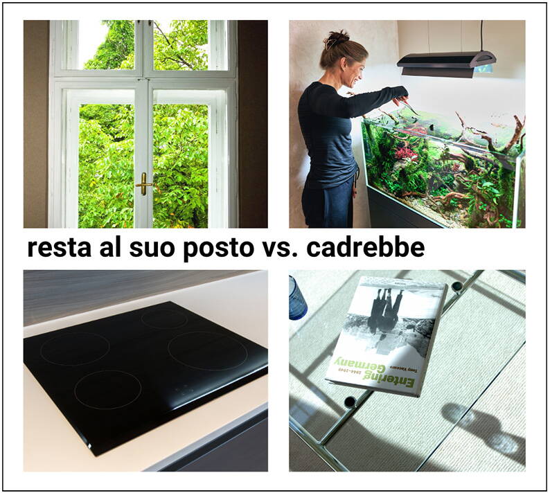 Collage con quattro oggetti in vetro: una finestra con vista sul verde, un grande acquario, un piano cottura in vetroceramica e un tavolo in vetro con una rivista. Il testo « rimane fisso vs cadrebbe » illustra la differenza tra superfici fisse e mobili.
